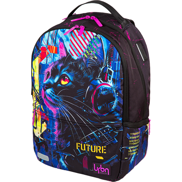 Рюкзак "deVENTE. Label. Cyber Cat" подростковый 39x30x17 см (19 л) вес 750 г, эргономичная вентилируемая спинка и широкие вентилируемые S-образные регулируемые лямки, 2 отделения на молнии, уплотненные отделения для ноутбука до 15дюймов и книг, 1 пер