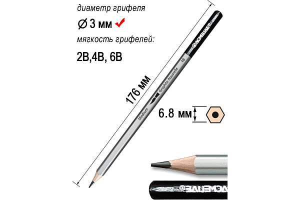 Набор карандашей ч/г ACMELIAE Акварельных, 3 шт + кисточка.Три твердости в наборе: 2B,4B,6B