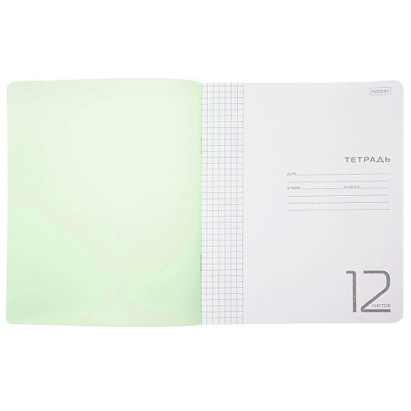 Тетрадь 12 листов в клетку, пластиковая обложка "Зелёная" 60-65г/кв.м