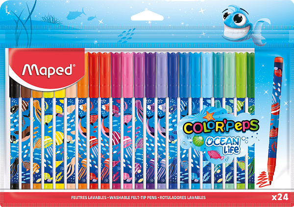 Фломастеры 24 цв. COLOR'PEPS OCEAN LIFE декорированные, с заблокированным пишущим узлом, суперсмываемые, в пакете с подвесом
