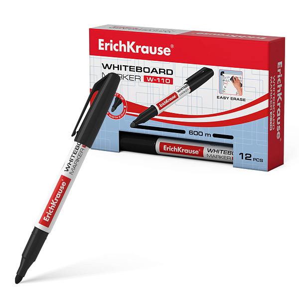 Маркер для доски ErichKrause® W-110, цвет чернил черный (в коробке по 12 шт.)