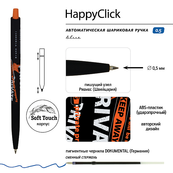 Ручка шариковая 0,5 мм "HappyClick. Keep away.Private" СИНЯЯ 
