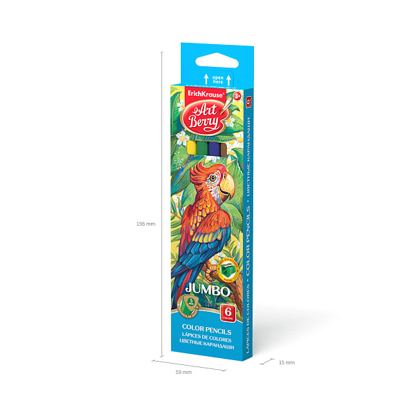 Цветные карандаши деревянные ArtBerry® Jumbo трехгранные, грифель 5 мм, 6 цветов с точилкой (в коробке с европодвесом 6 шт)