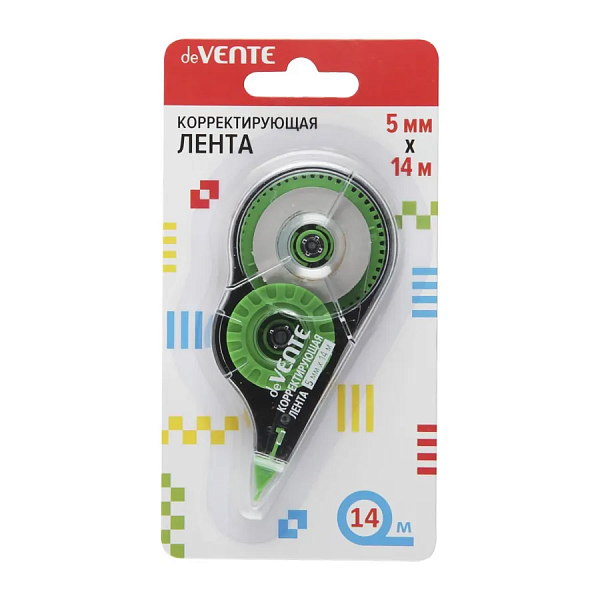 Корректирующая лента "deVENTE" 5 ммx14 м, черно-зеленый полупрозрачный корпус, фронтальный аппликатор, в картонном блистере