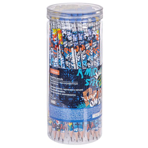 Карандаш ч/г HB Hatber круглый корпус 72шт. серия  "HB" с ластиком с заточ.  в Пласт.тубе  PUNK