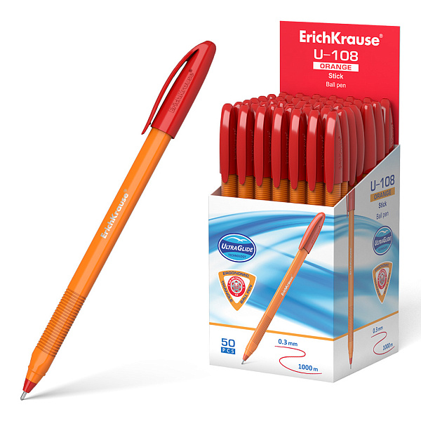 Ручка шариковая ErichKrause® U-108 Orange Stick 1.0, Ultra Glide Technology, цвет чернил красный (в коробке по 50 шт.)