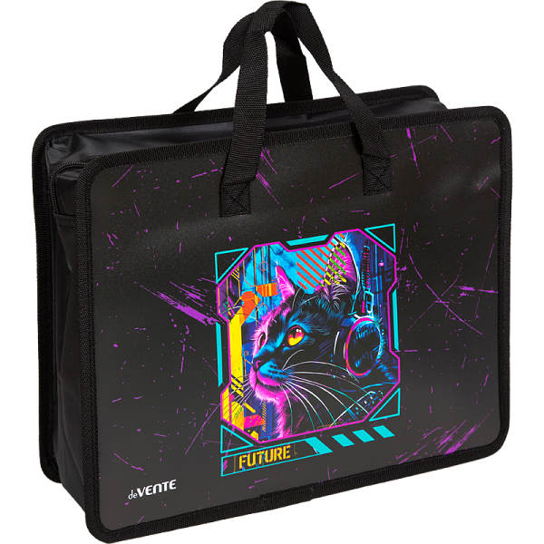 Папка для тетрадей, ИЗО и технологии "deVENTE. Label. Cyber Cat" A4 с ручками, с расширением 10 см, на молнии сверху, пластик 400 мкм, в пластиковом пакете