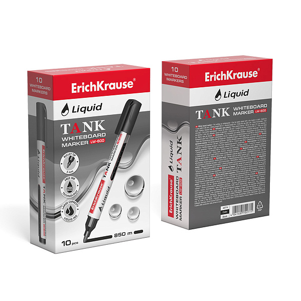 Маркер для досок с жидкими чернилами ErichKrause® Tank LW-600, цвет чернил черный (в коробке по 10 шт.)
