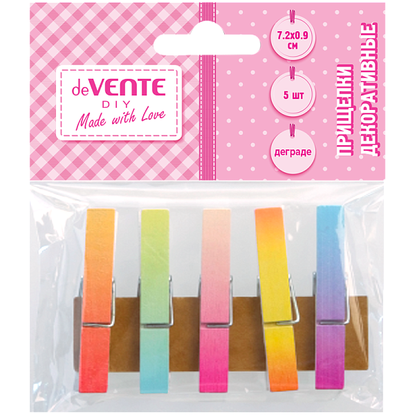 Прищепки декоративные "deVENTE. DIY Natural Wood" деревянные, 72x9 мм, 5 шт, деграде цвета ассорти, в пластиковом пакете с блистерным подвесом