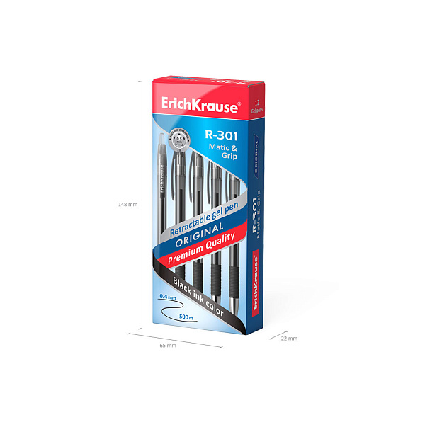 Ручка гелевая автоматическая ErichKrause R-301 Original Gel Matic&Grip 0.5, цвет чернил черный (в коробке по 12 шт.)