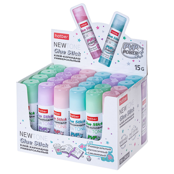 Клей-карандаш  15 г Hatber -NEWtone- в картонной Дисплей-витрине