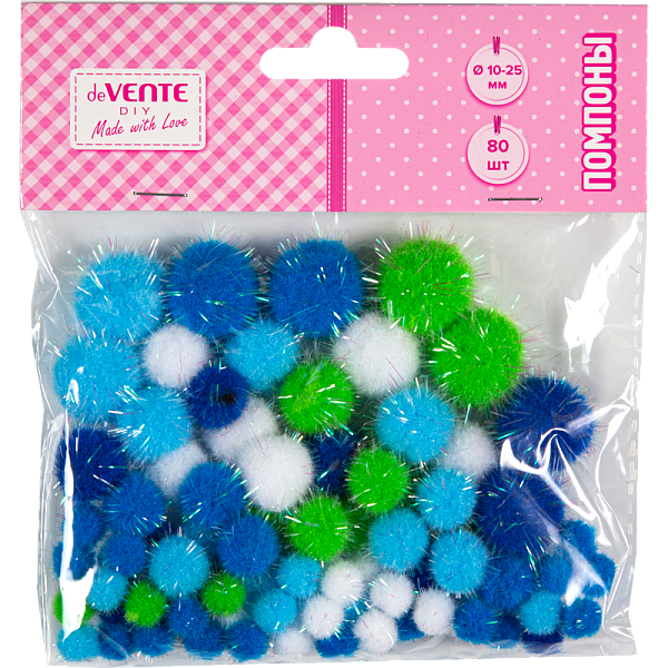 Набор помпонов для творчества "deVENTE. DIY" 80 шт, с блестками ассорти (10 мм - 40 шт, 13 мм - 21 шт, 20 мм - 10 шт, 25 мм - 9 шт) в пластиковом пакете с блистерным подвесом, голубые цвета ассорти