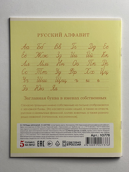 Тетрадь 12 листов в косую линию ЖЕЛТАЯ, обложка из мелованного картона (200г/м2), блок офсет (92%, 60г/м2)