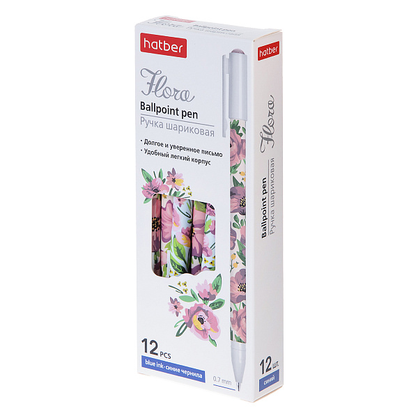 Ручка шариковая 0,7 мм Hatber Flora Синяя с колпачком и клипом чернила на масл.основе -Ассорти- 12шт. в картонной коробке