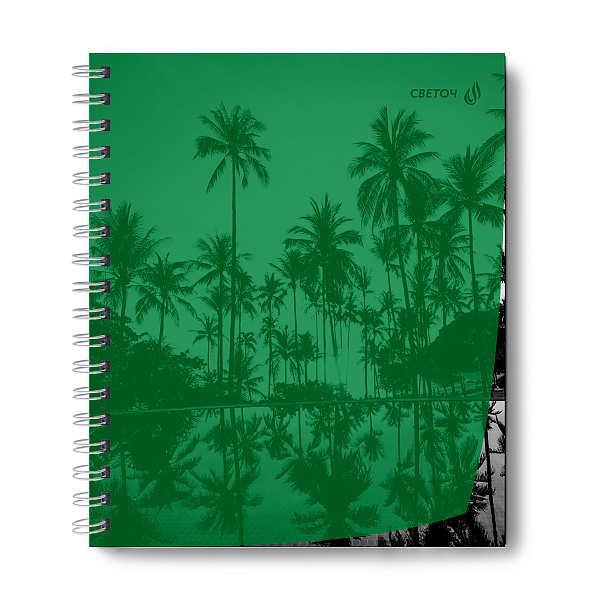 Тетрадь 48 л. кл. на гребне пластик. обложка "Утренний пейзаж, зелёная" ч/б запечат. титульн.лист, 180 мкм., A5 65 г/кв.м , белизна 100%. 01548 "Светоч"