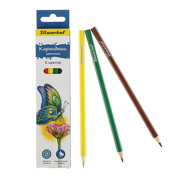 Карандаши 6 цв. "БАБОЧКИ" шестигранные, картонная коробка с европодвесом
