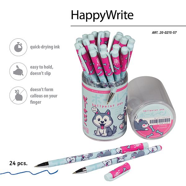 Ручка шариковая 0,5 мм "HappyWrite. KAWAII ANIMALS.Щеночек" СИНЯЯ 