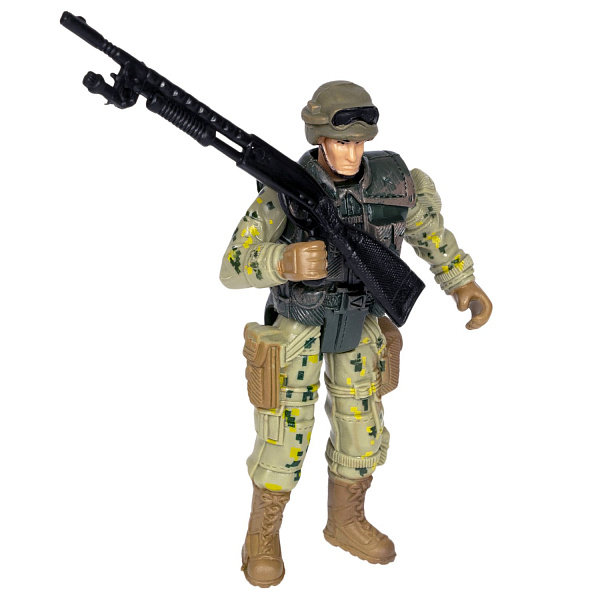 Набор "Армия" солдатик с оружием, " НАСТОЯЩИЙ БОЕЦ"  Bondibon, CRD 21,5x13x3 см, спецназовец, форма камуфляж песочного цвета.