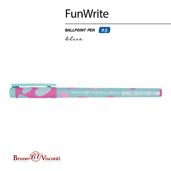 Ручка шариковая 0,5 мм "FunWrite. Сердечки. Эмоции. Бирюза" СИНЯЯ 