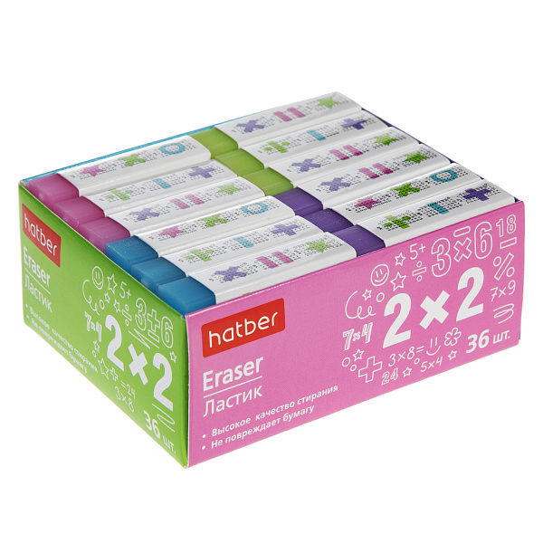 Ластик Hatber 2x2 PVC прямоугольный,  в картонной Дисплей-витрине