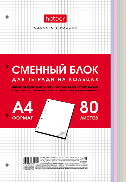 Сменный блок 80 л. А4 кл. для тетрадей на кольцах Универсальная перфорация  Многоцветный срез в индив.упак.