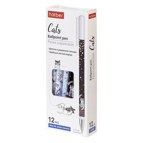 Ручка шариковая 0,7 мм Hatber Cats Синяя на масл.основе -Ассорти- 12шт.