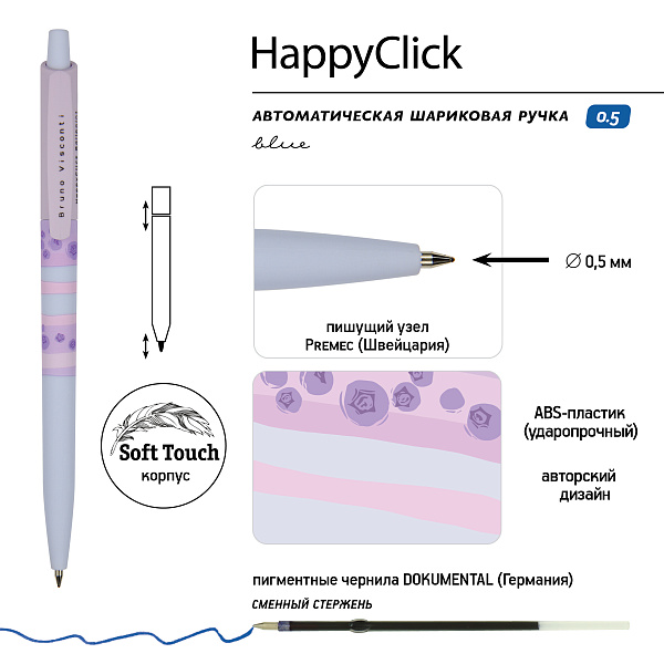 Ручка шариковая 0,5 мм "HappyClick. Ягодные тортики. Черника"  СИНЯЯ