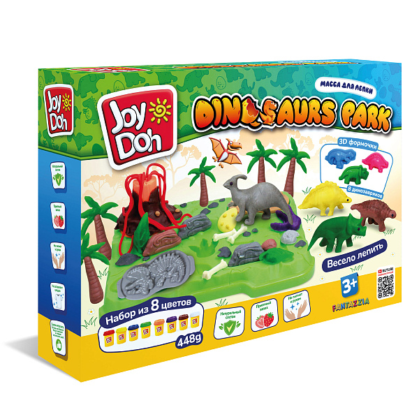 Масса для лепки Joy Doh, набор DINOSAURS PARK - ПАРК ДИНОЗАВРОВ, 3d формы,  13 аксессуаров, 8 баночек с тестом , (8 х 56г.), 1/6