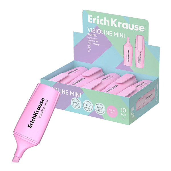 Маркер-текстовыделитель ErichKrause Visioline V-12 Mini Pastel, цвет чернил розовый (в коробке-дисплее по 10 шт.)