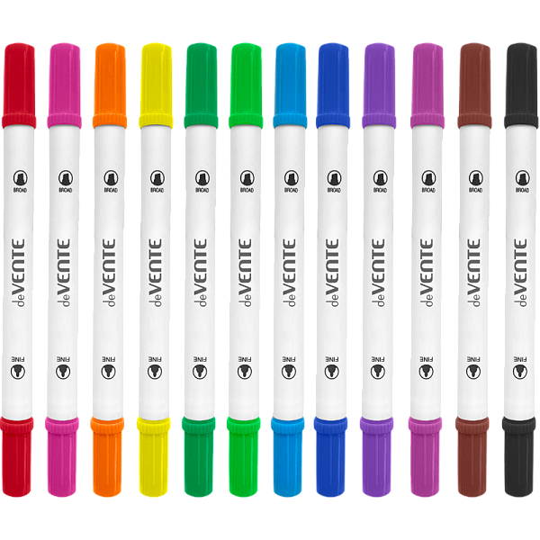 Набор маркеров акварельных 12 цветов "deVENTE" двусторонние (кистевидный до 2 мм/пулевидный в металлической обойме 0,4 мм), круглый корпус, акварельные чернила на водной основе, в пластиковой коробке