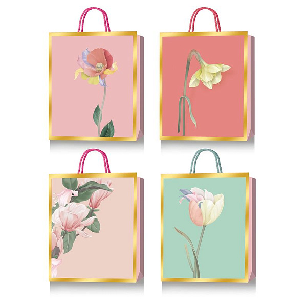 Пакет подарочный бум. "deVENTE. Flowers for you" вертикальный, 26x32x10 см, тиснение фольгой, бумага 210 г/м², ассорти 4 дизайна