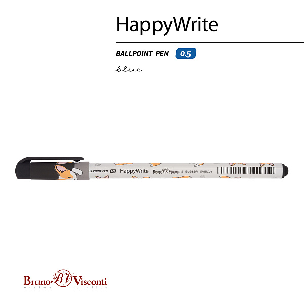 Ручка шариковая 0,5 мм "HappyWrite. Друзья. Корги" СИНЯЯ