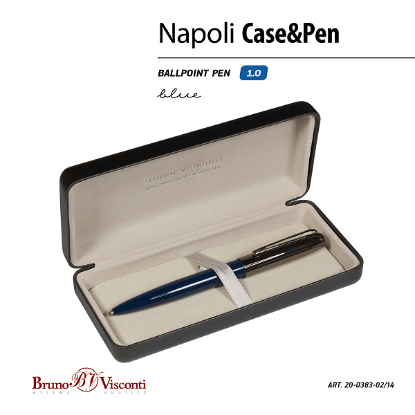 Ручка "NAPOLI" в футляре PREMIUM из экокожи, 1,0 ММ, СИНЯЯ (корпус син и ворон сталь, футляр черный)