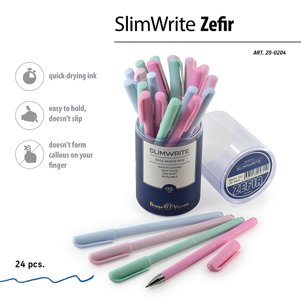Ручка шариковая 0,5 мм "SlimWrite Zefir" СИНЯЯ (4 цвета корпуса)