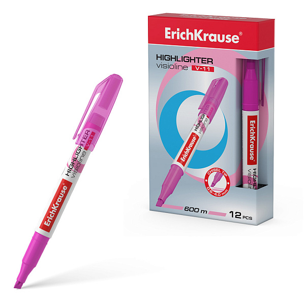 Маркер-текстовыделитель ErichKrause® Visioline V-11, розовый (в коробке по 12 шт.)
