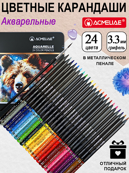 Карандаши 24 цв. акварельные ACMELIAE Blackwood +кисточка, металл футляр