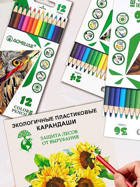 Карандаши 36 цв.  ACMELIAE пластиковые шестигранные в картонном футляре, в термоусадке