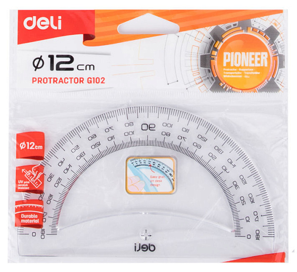Транспортир Deli Pioneer  пластик дл.12см прозрачный градуировка УФ чернила европодвес