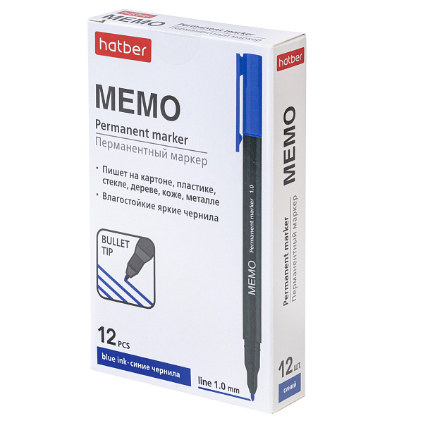 Маркер перм. 1 мм Hatber Memo закругленный пишущий узел Синий 12шт. в картонной коробке