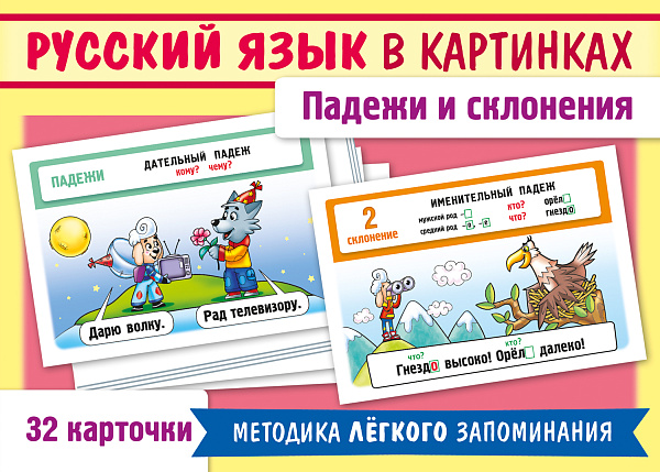 Наглядные пособия 32 карточки -Русский язык в картинках. Падежи и склонения- 120х170мм в пленке