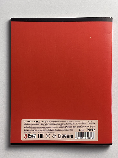 Тетрадь 48 листов, клетка, обложка мелованный картон, блок №2, красная