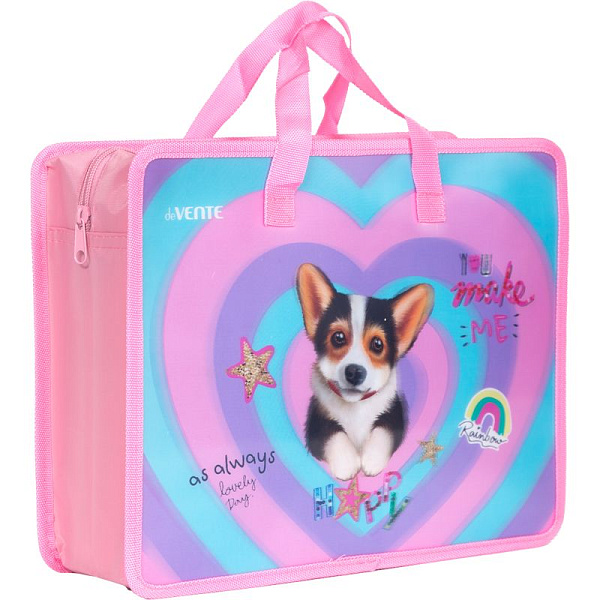 Папка для тетрадей, ИЗО и технологии 3D "deVENTE. Corgi" A4 с ручками, с расширением 10 см, на молнии сверху, пластик 500 мкм, текстильные ручки, в пластиковом пакете