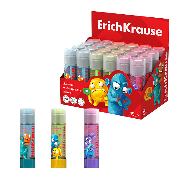 Клей-карандаш ErichKrause EasyStick Jolly Friends, 15г, цветной 