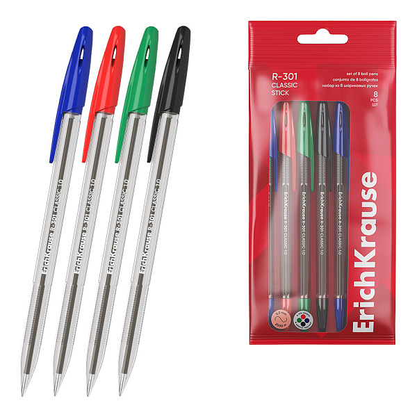 Набор из 8 ручек шариковых ErichKrause R-301 Stick Classic 1.0, (синий-2, черный-2, красный-2, зеленый-2 (в пакете)