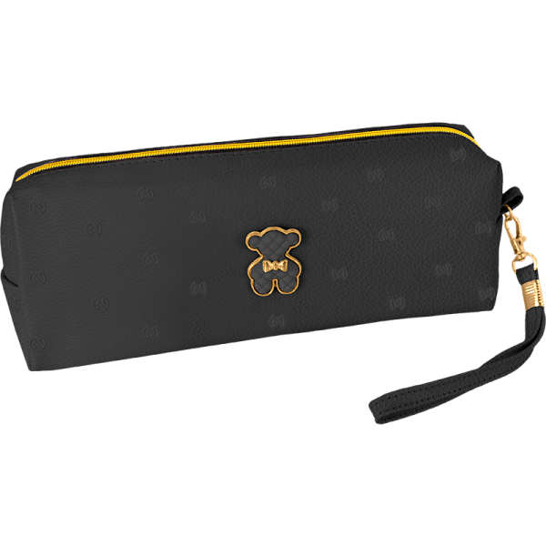 Пенал-косметичка "deVENTE. Teddy" 21,5x8x5 см, прямоугольный для 75 предметов, на молнии, матовая искусственная кожа до -40C, с брошкой в виде медведя, черный, с ручкой-петлей на карабине