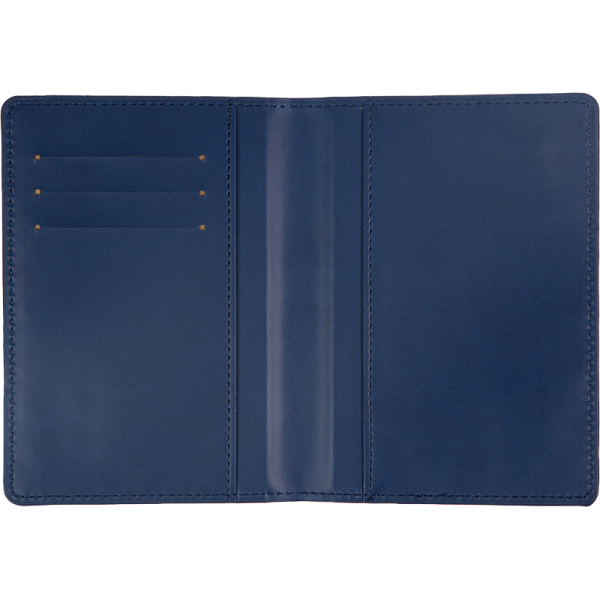 Обложка д/паспорта "deVENTE. Detent" синяя, 10x14 см, искусственная кожа, поролон, вертикальная резинка, отстрочка, 3 отделения для визиток, в пластиковом пакете с европодвесом,