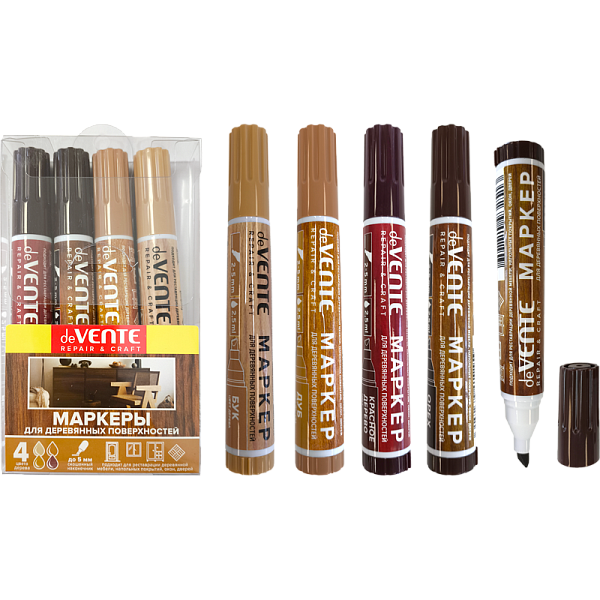 Набор маркеров для деревянных поверхностей "deVENTE. REPAIR & CRAFT" 4 цв. (бук, дуб, красное дерево, орех), круглый корпус, скошенный наконечник, ширина линии письма 1-5 мм