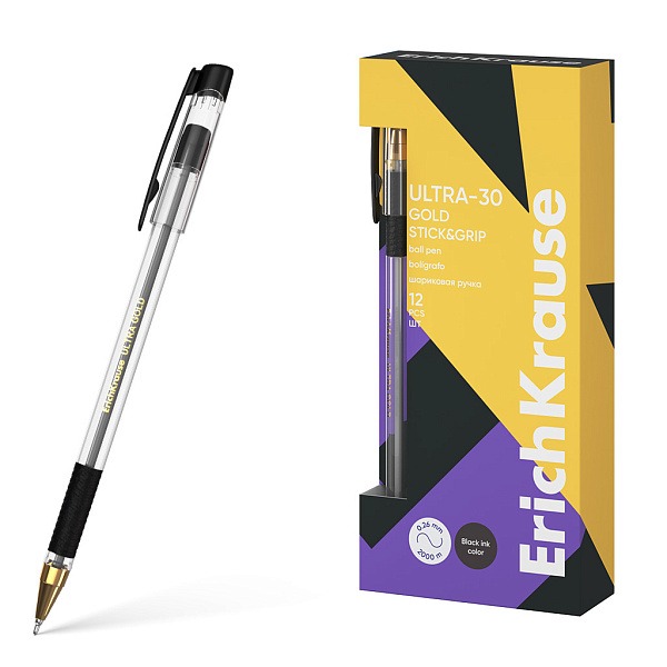 Ручка шариковая ErichKrause ULTRA-30 Gold Stick&Grip Classic Super Glide Technology, Черная, 0,7 мм