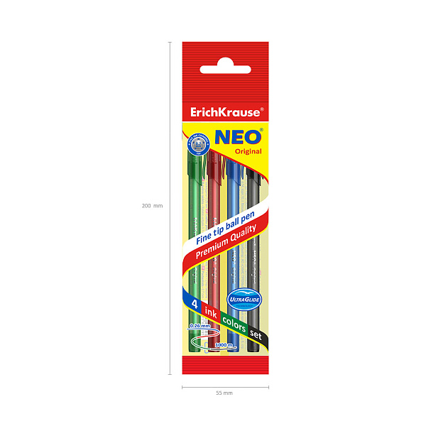 Набор из 4 ручек шариковых ErichKrause Neo® Stick Original 0.7, Super Glide Technology, с, ч, к, з