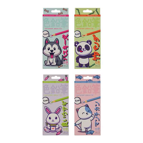 Карандаши 12 цв. "KAWAII ANIMALS" 4,0 ММ, пластиковые 4 ВИДА